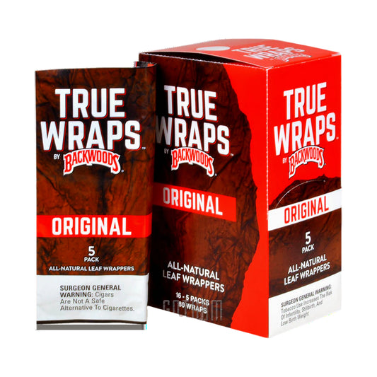 Two boxes of True Wraps by Backwoods Original all-natural leaf wrappers on a white background.