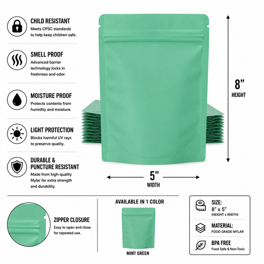 Mylar Bag 1/2OZ Opaque Green Double Zipper 50CT