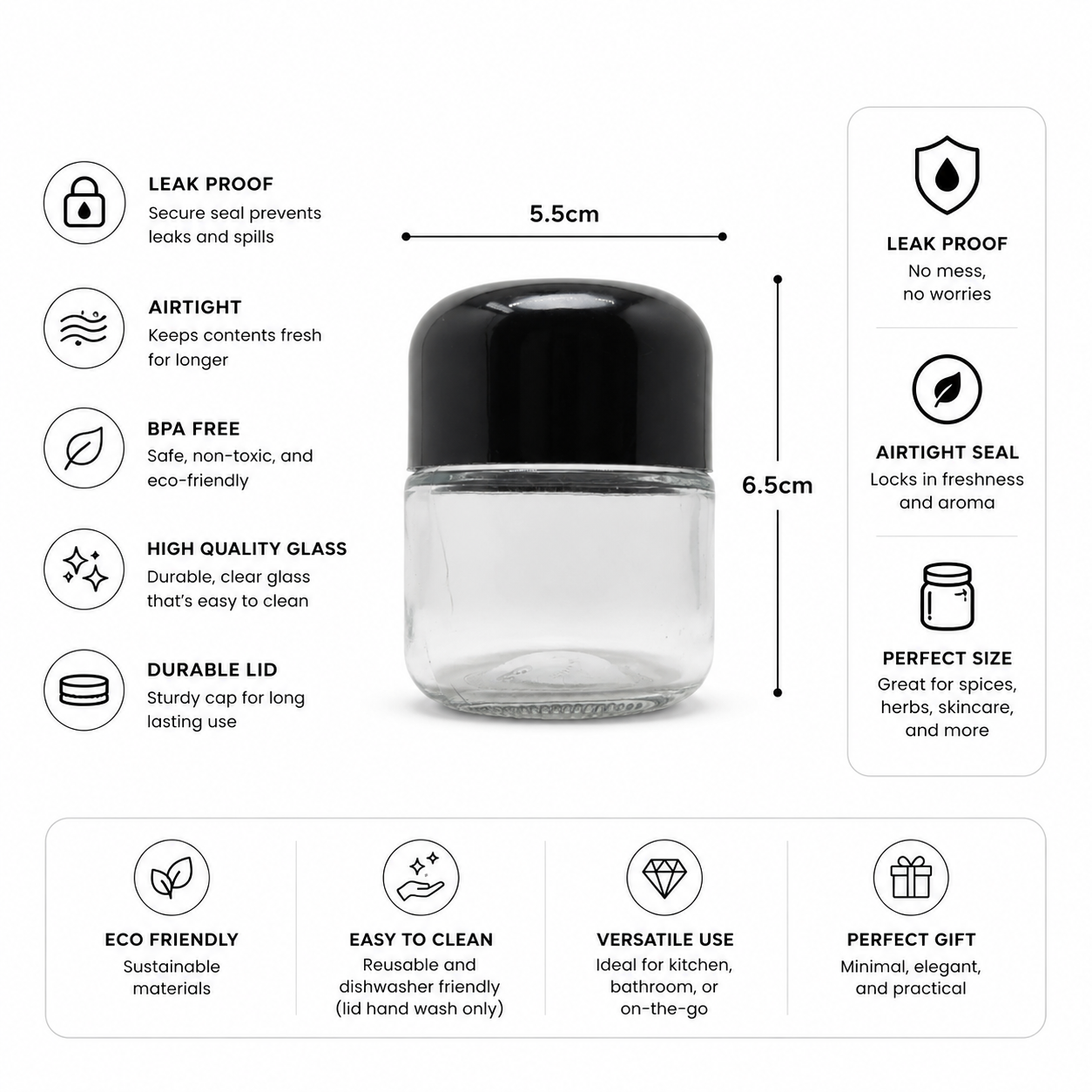 Clear cosmetic jars with features listed on a white background