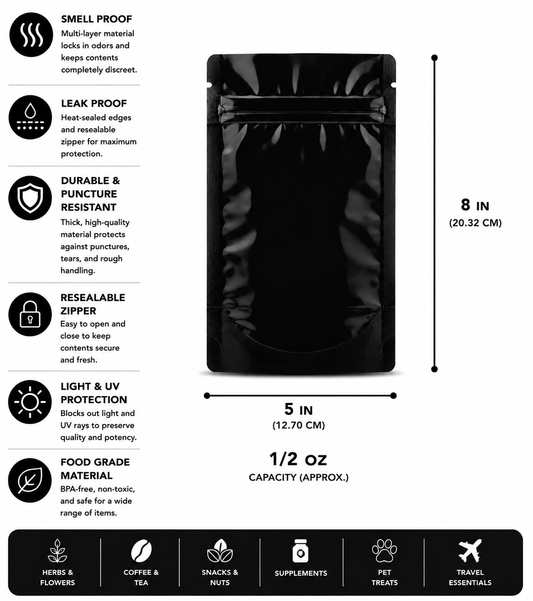 Mylar Bag 1/2OZ Opaque Black Single Zipper 50CT