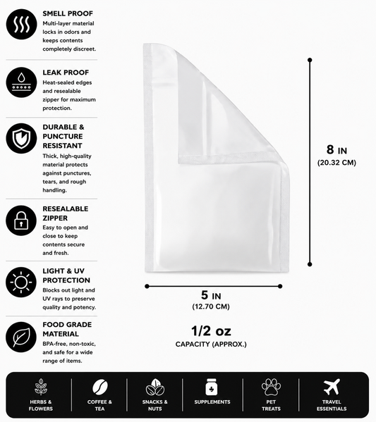 Mylar Bag 1/2OZ Opaque White Single Zipper 50CT