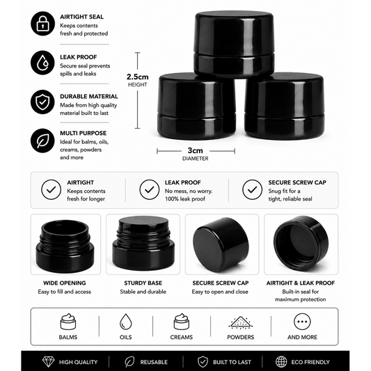 Black cosmetic jars with features listed on a white background