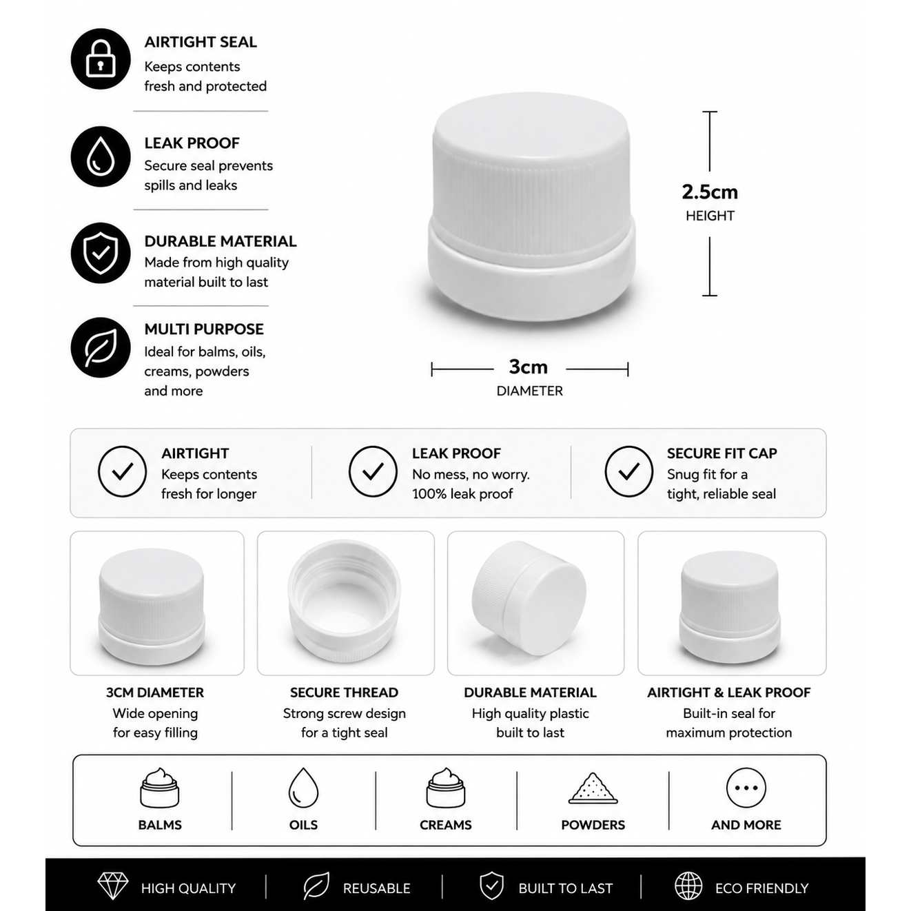 White cosmetic jars with features listed on a white background