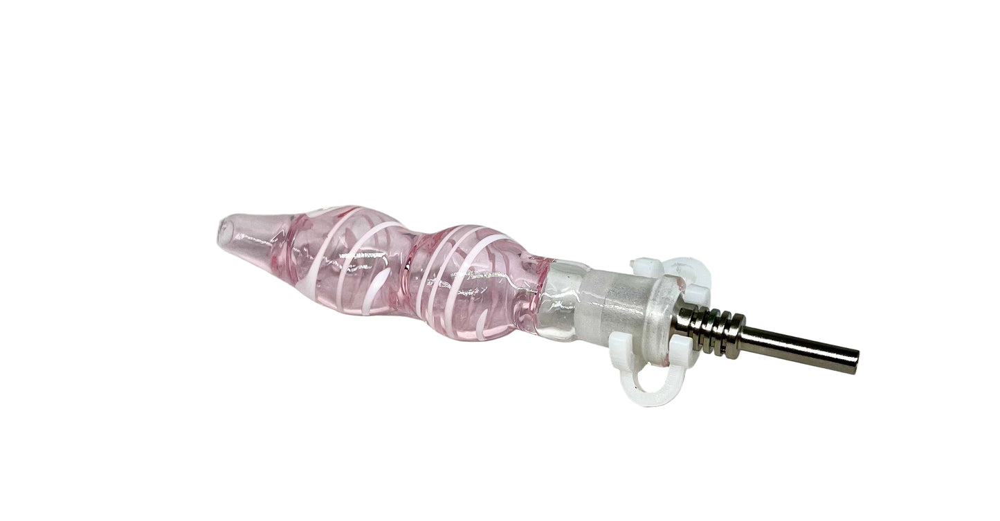 A pink and clear-colored nectar collector with a metal tip, designed for use with concentrates.