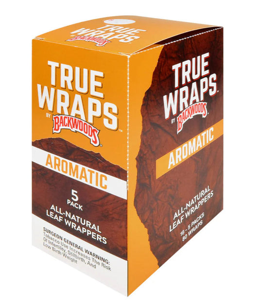 Box of True Wraps by Backwoods Aromatic leaf wrappers on a white background