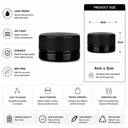Black cosmetic jars with features listed on a white background