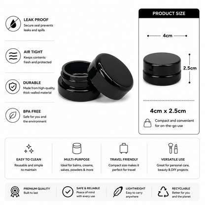 Black cosmetic jars with features listed on a white background