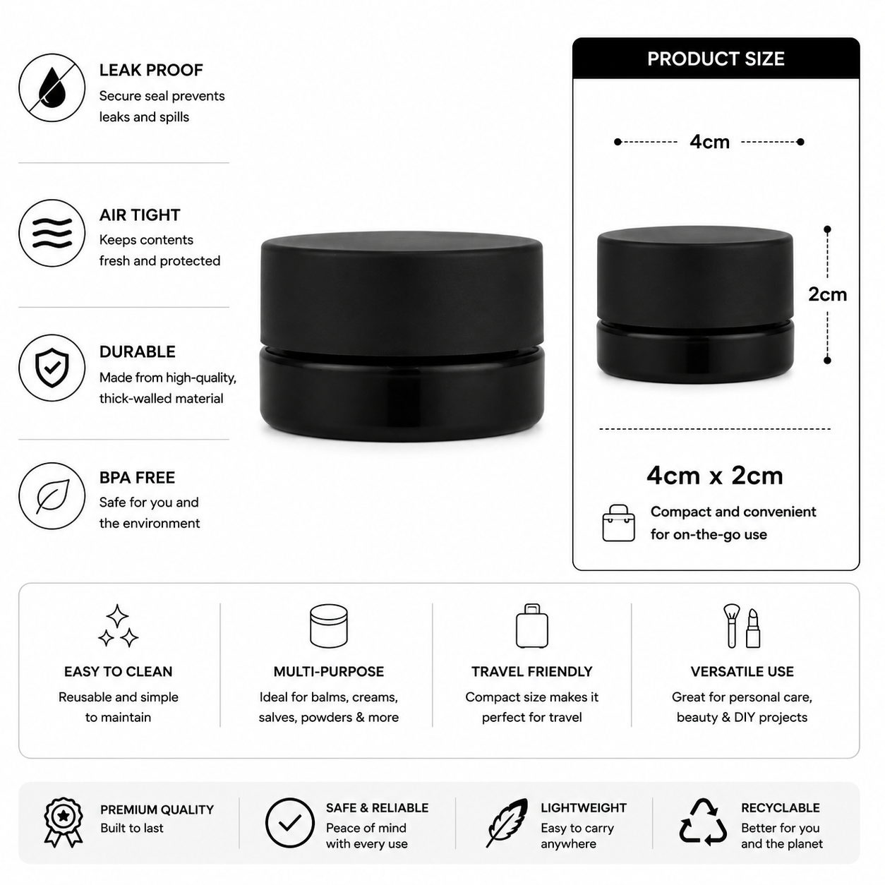 Black cosmetic jars with features listed on a white background