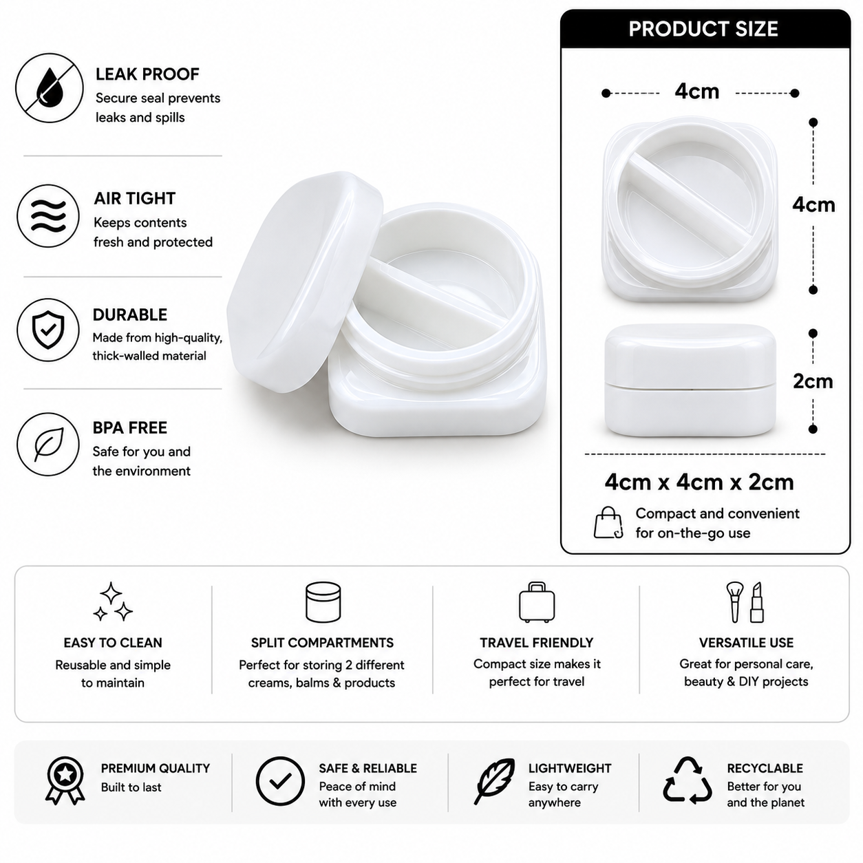 White cosmetic jars with features listed on a white background