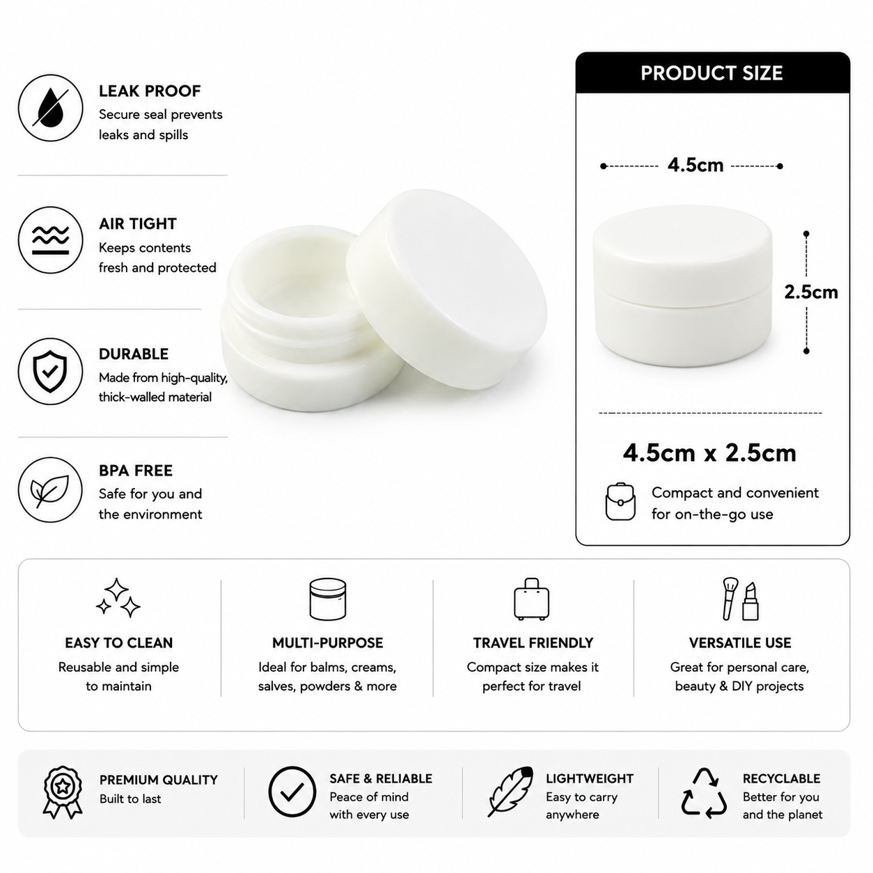 White cosmetic jars with features listed on a white background