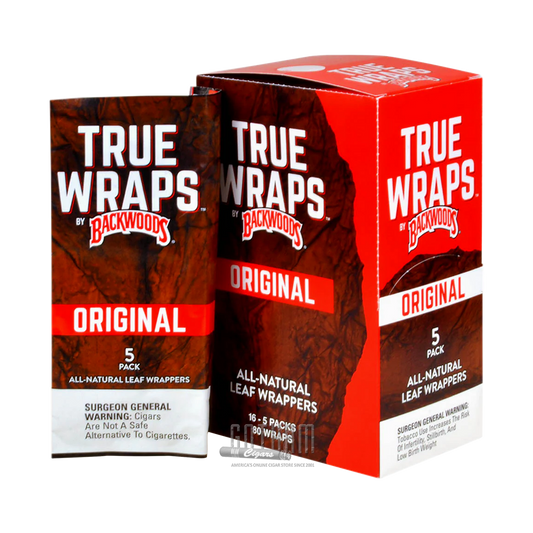 Two boxes of True Wraps by Backwoods Original all-natural leaf wrappers on a white background.