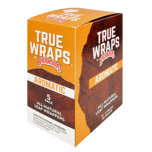 Box of True Wraps by Backwoods Aromatic leaf wrappers on a white background