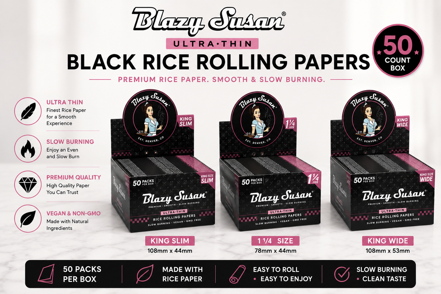 Blazy Susan Ultra Thin Black Rice Rolling Papers 50 Count Box