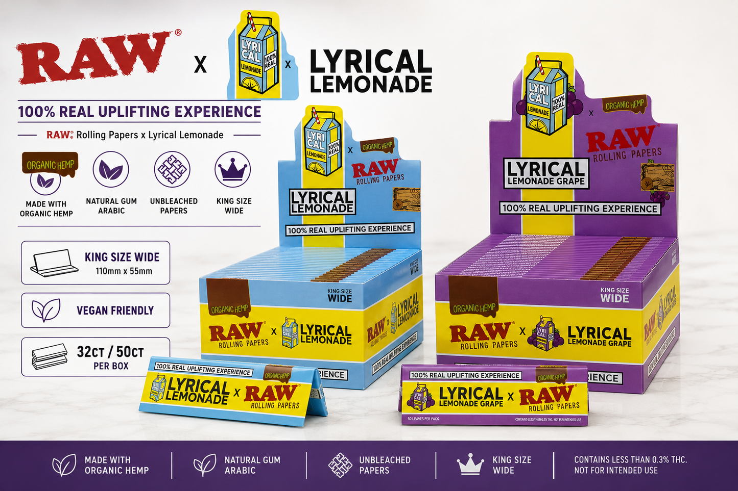 Raw x Lyrical Lemonade Papers King Organic Hemp 32CT/ 50CT Box