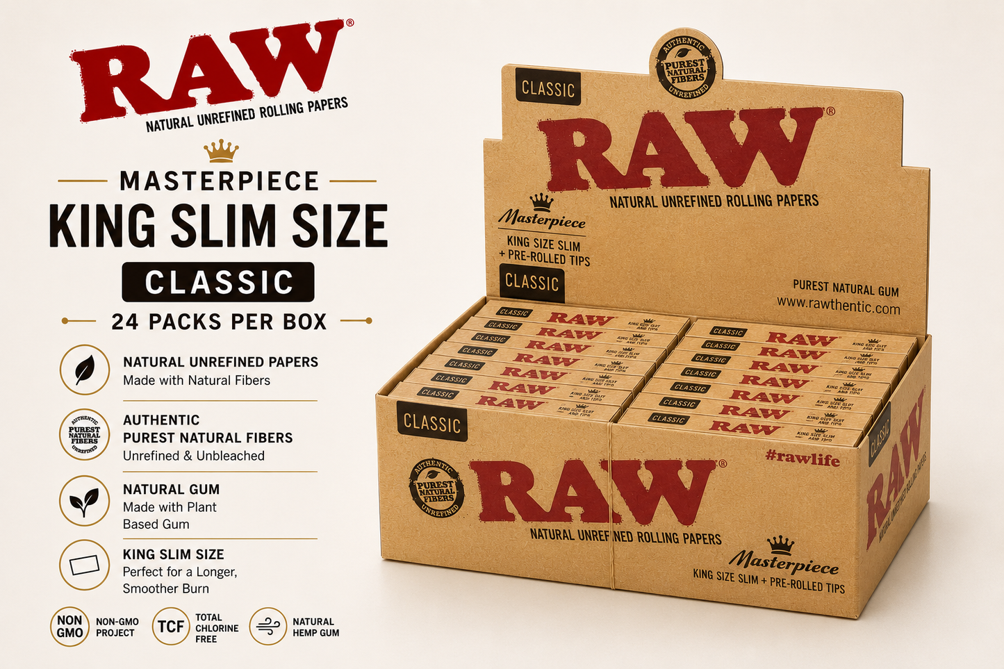 Raw Papers King Slim Classic Masterpiece 24CT
