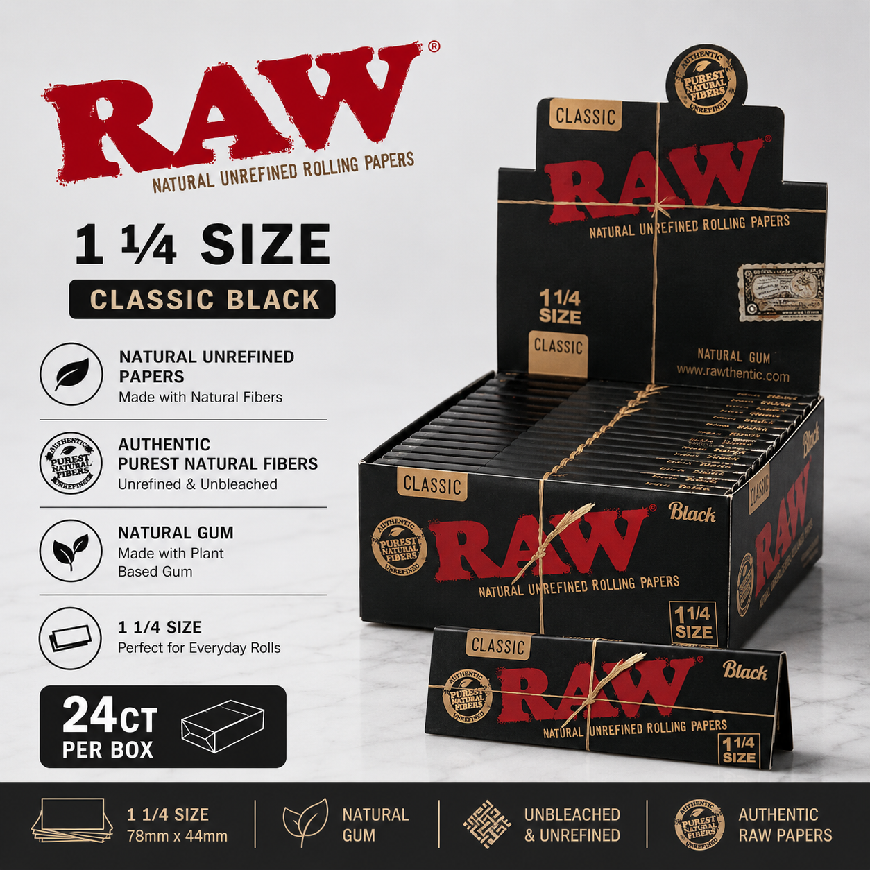 Raw Papers 1 1/4 Classic Black 24CT