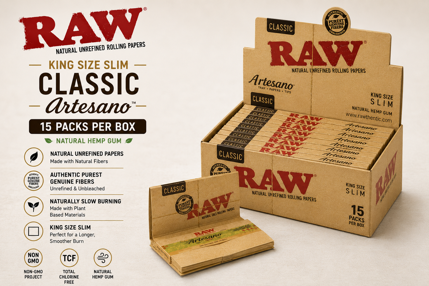 Raw Papers King Slim Classic Artesano 15CT