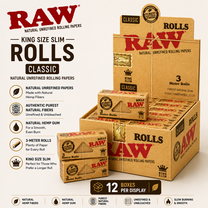 Raw Papers King Slim Classic Rolls 3-Meter 12CT