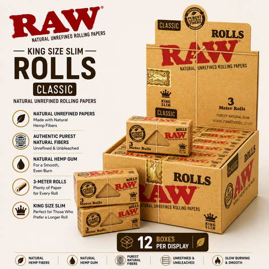 Raw Papers King Slim Classic Rolls 3-Meter 12CT