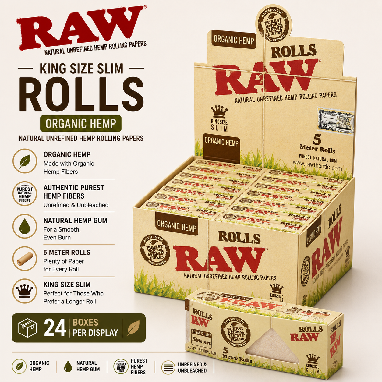 Raw Papers King Slim Organic Rolls 5 Meter 24CT