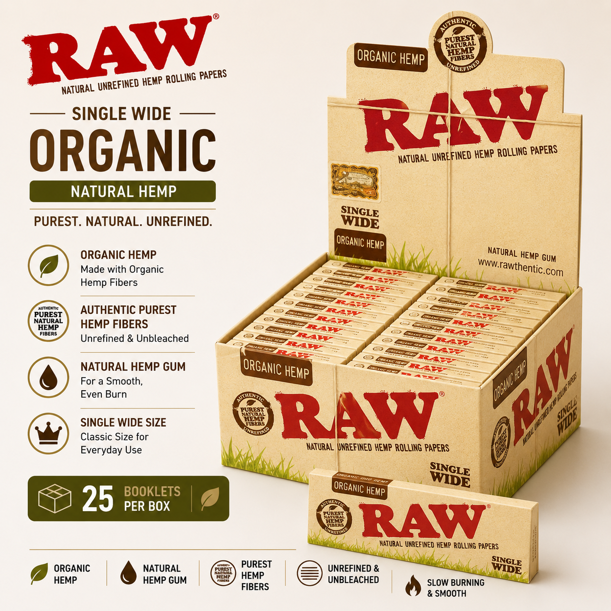 Raw Papers Single Wide Organic 25CT
