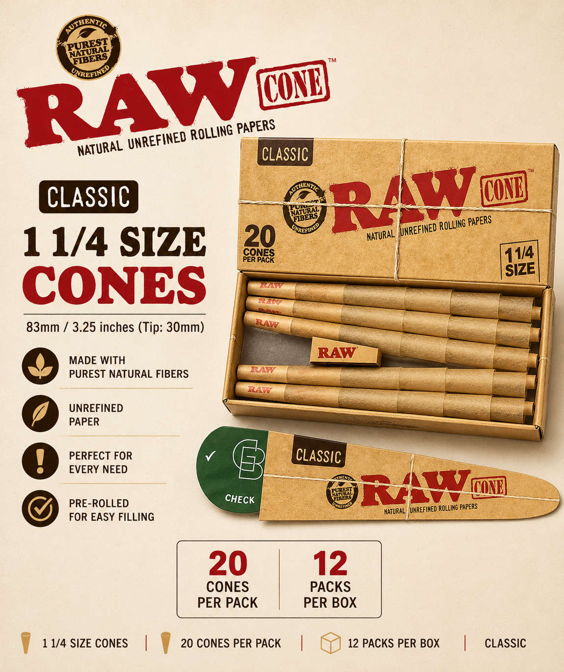 Raw Cones 1 1/4 Classic 20CT / 12CT Box