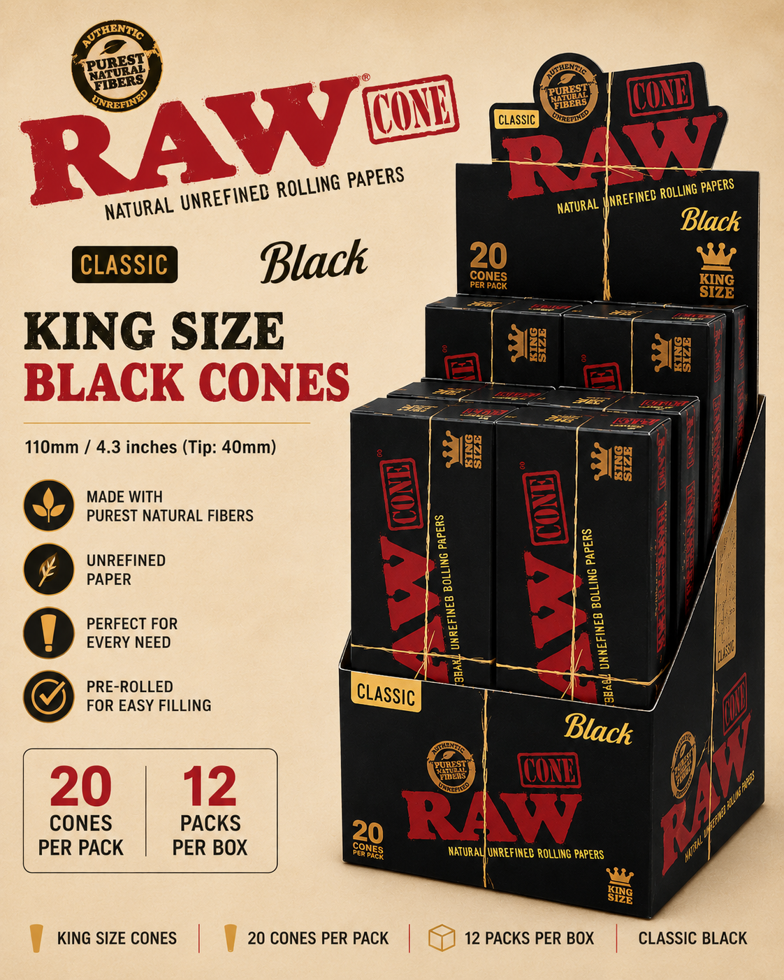 Raw cones King Black 20CT/ 12CT Box