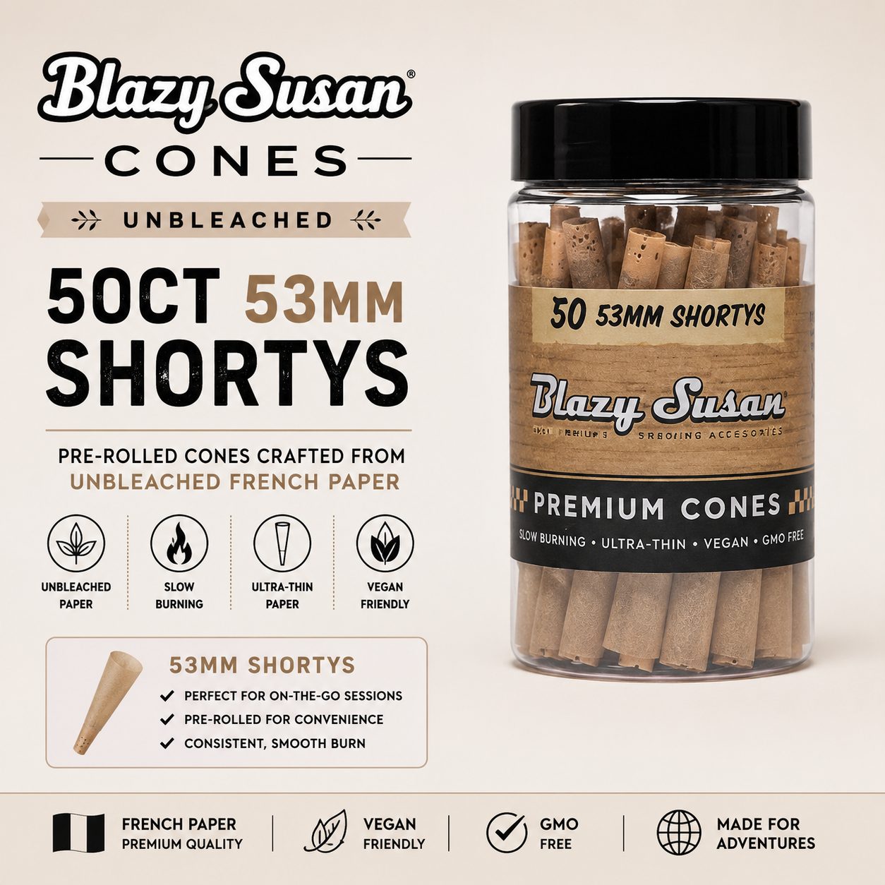 Blazy Susan Cones 50CT Unbleached 53mm Shortys