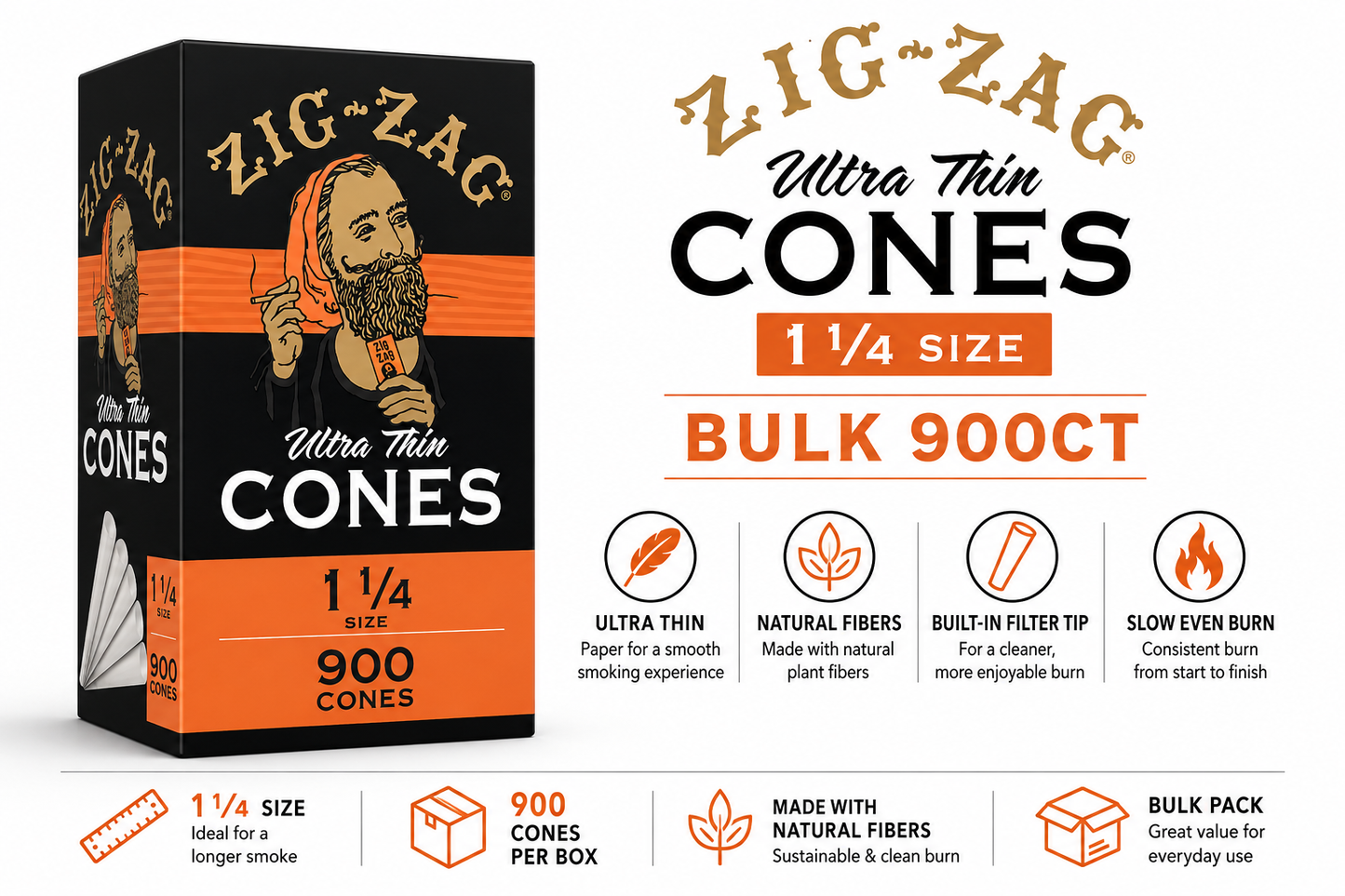 Zig Zag Cones 1 & 1/4 Ultra Thin Bulk 900CT
