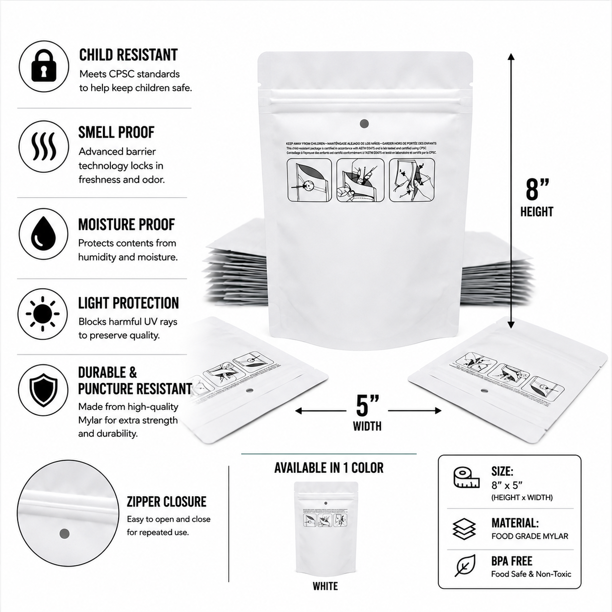 Mylar Bag 1/2OZ Opaque White Double Zipper 100CT