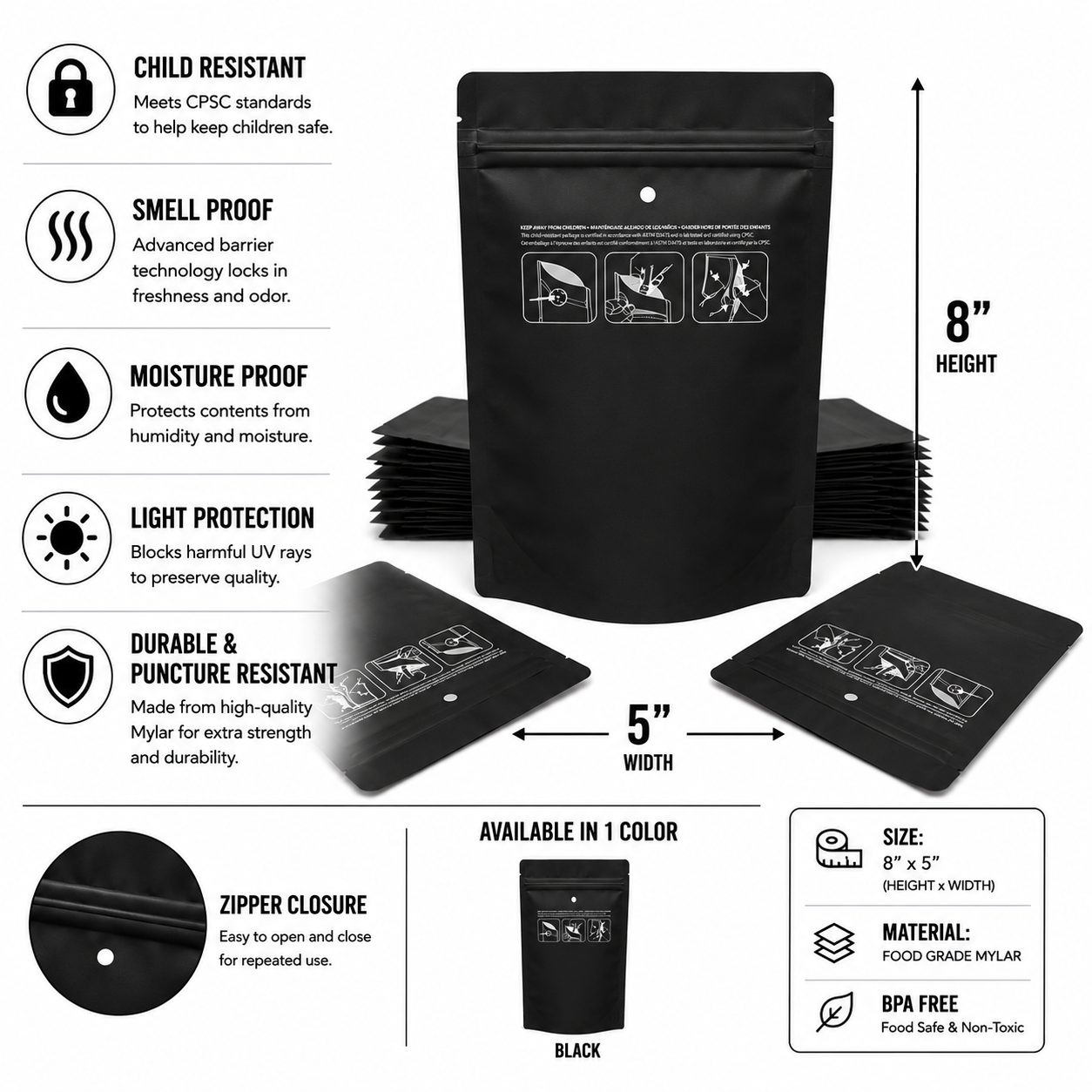 Mylar Bag 1/2OZ Opaque Black Double Zipper 100CT
