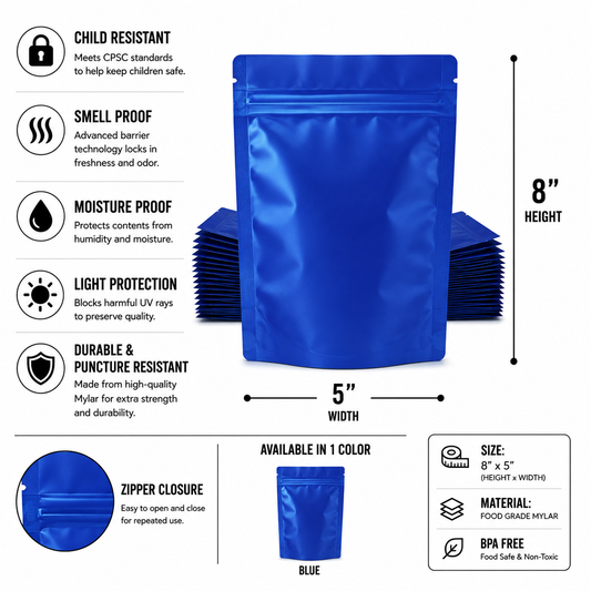 Mylar Bag 1/2OZ Opaque Blue Double Zipper 50CT
