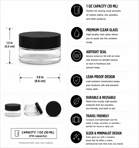 Jar 1oz Clear Black Flat Lid
