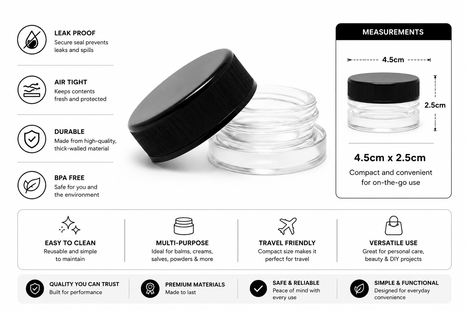 Clear cosmetic jars with features listed on a white background