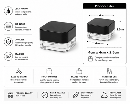 Clear cosmetic jars with features listed on a white background
