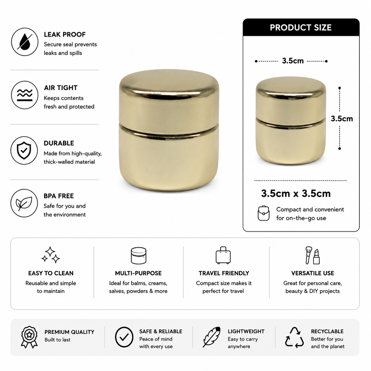 Gold cosmetic jars with features listed on a white background