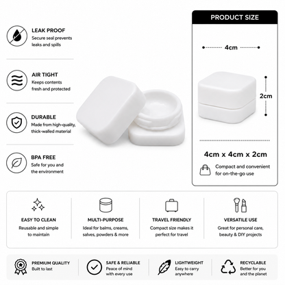 White cosmetic jars with features listed on a white background