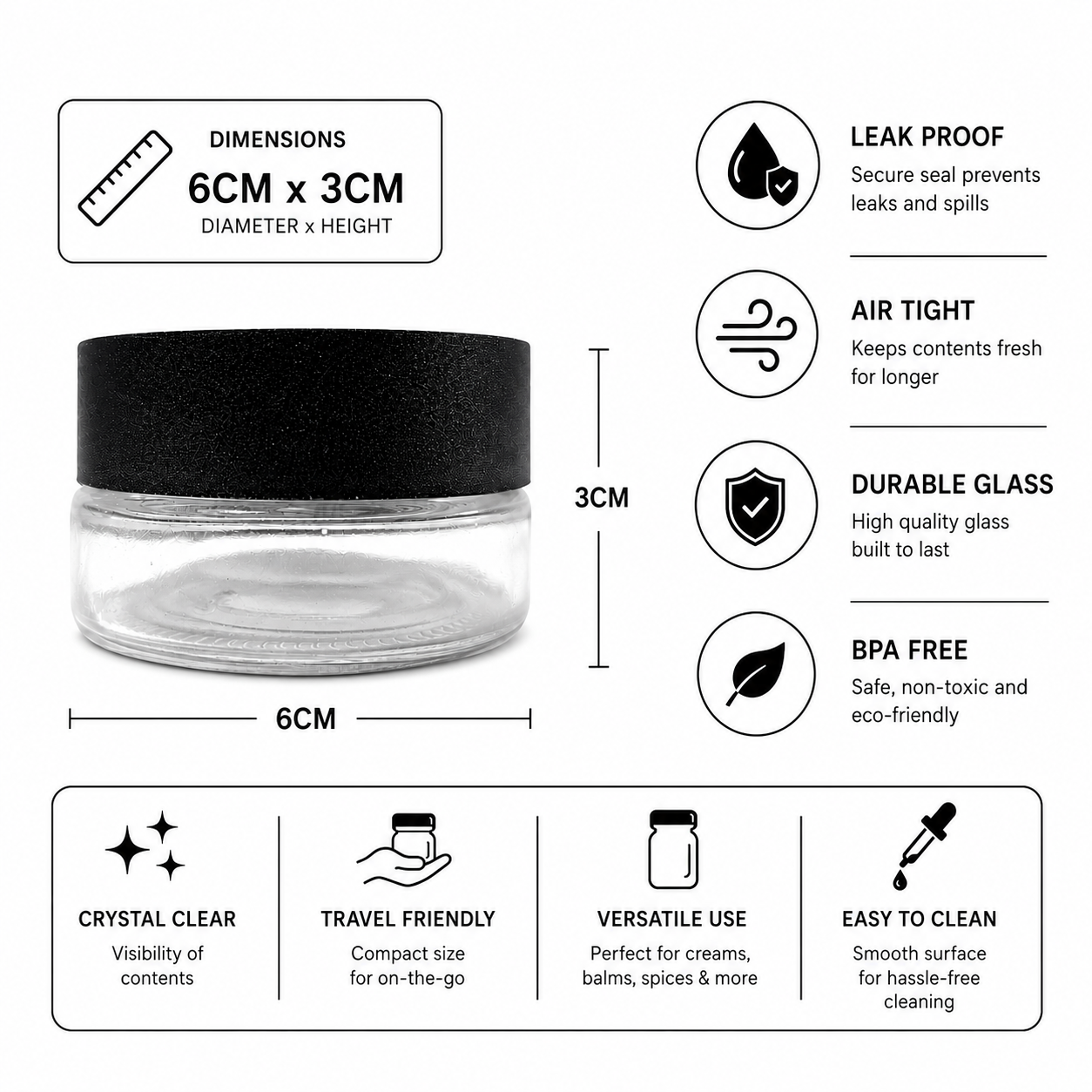 Clear cosmetic jars with features listed on a white background