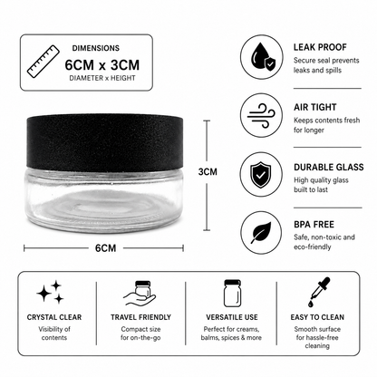 Clear cosmetic jars with features listed on a white background
