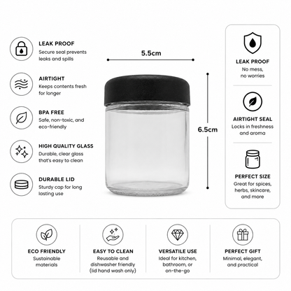 Clear cosmetic jars with features listed on a white background