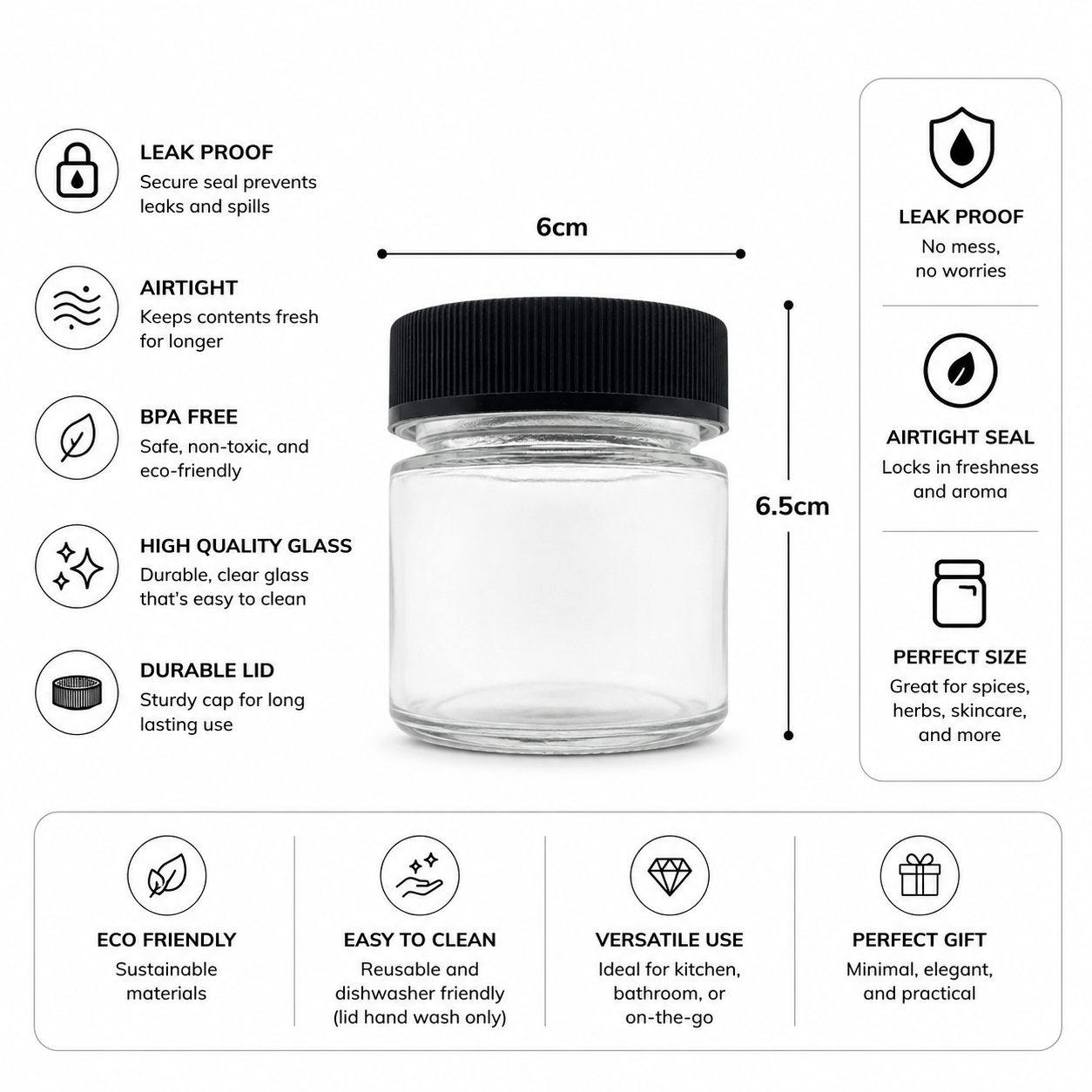 Clear cosmetic jars with features listed on a white background