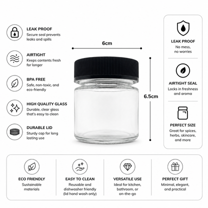 Clear cosmetic jars with features listed on a white background