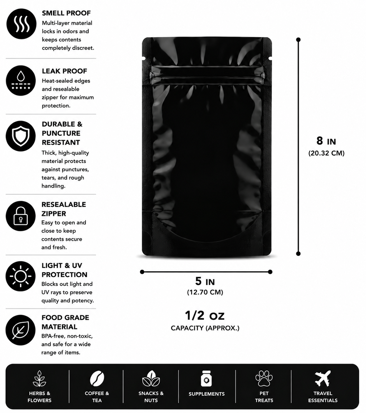 Mylar Bag 1/2OZ Opaque Black Single Zipper 50CT