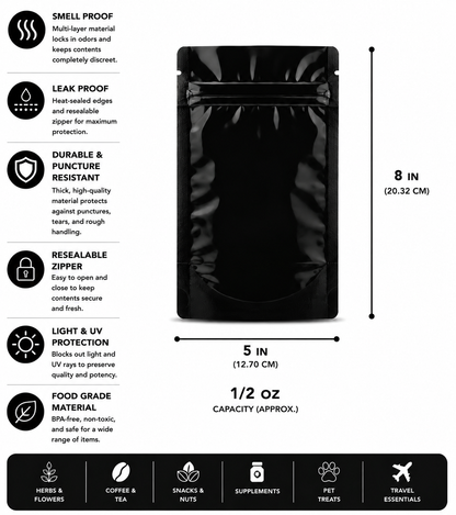 Mylar Bag 1/2OZ Opaque Black Single Zipper 50CT
