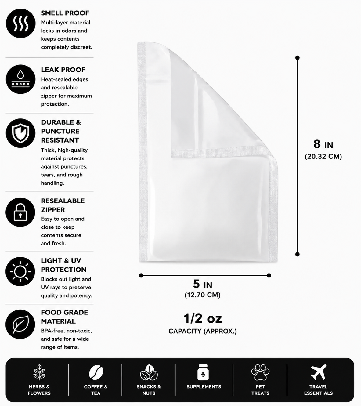 Mylar Bag 1/2OZ Opaque White Single Zipper 50CT
