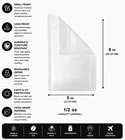 Mylar Bag 1/2OZ Opaque White Single Zipper 50CT
