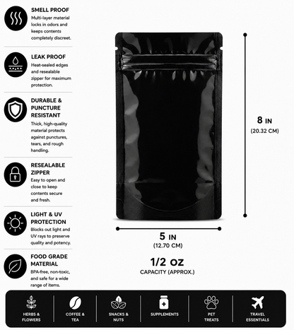 Mylar Bag 1/2OZ Clear Black Single Zipper 50CT