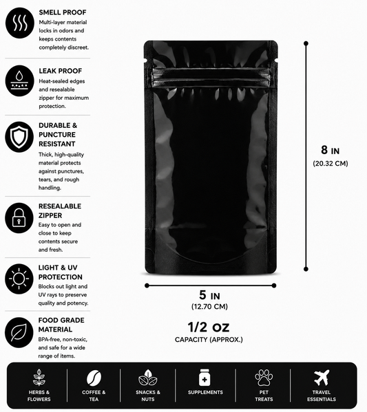 Mylar Bag 1/2OZ Clear Black Single Zipper 50CT