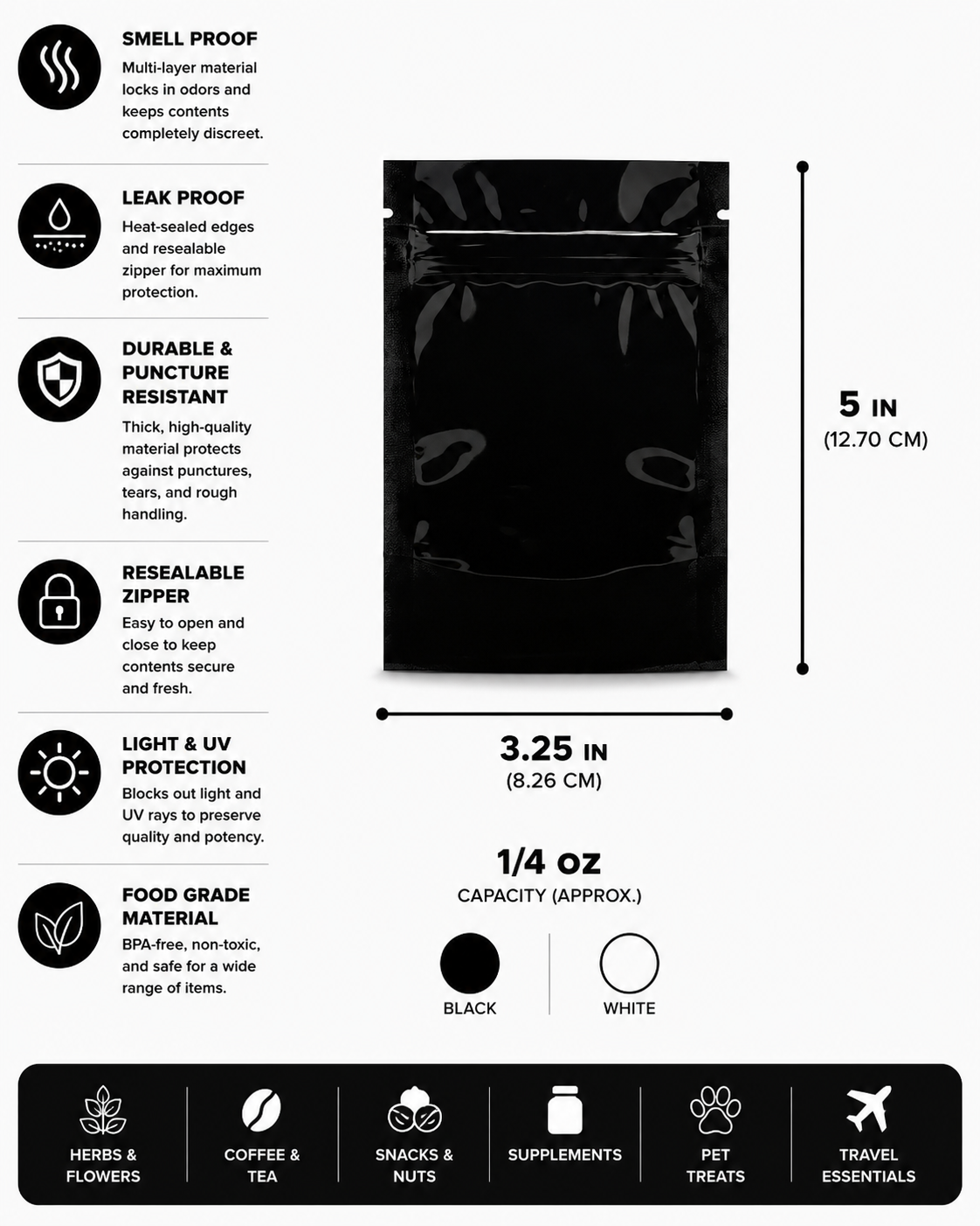 Mylar Bag 1/8OZ Single Zipper 50CT