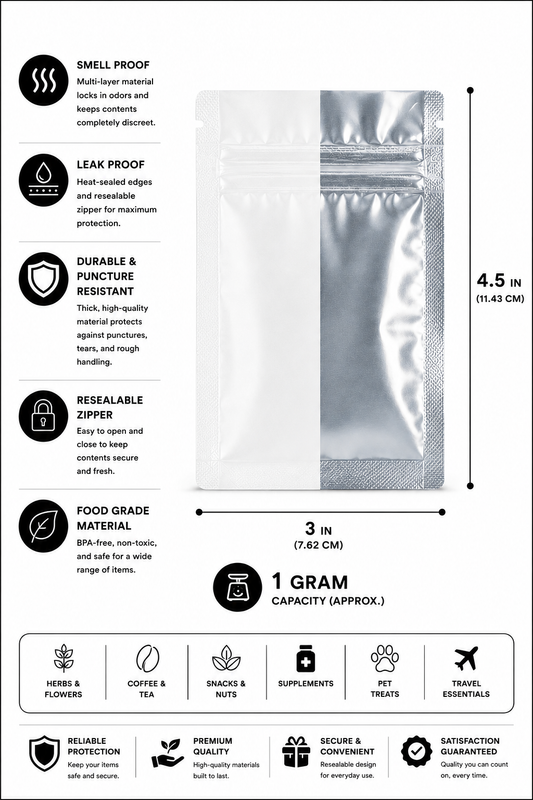 Mylar Bag 1G Single Zipper Clear White 50CT